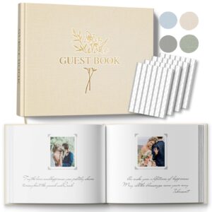 wedding guest book with 216 photo corners stickers, linen guestbook to sign at bridal shower or wedding reception party,100 pages, blank thick paper books for baby shower memorial service- beige