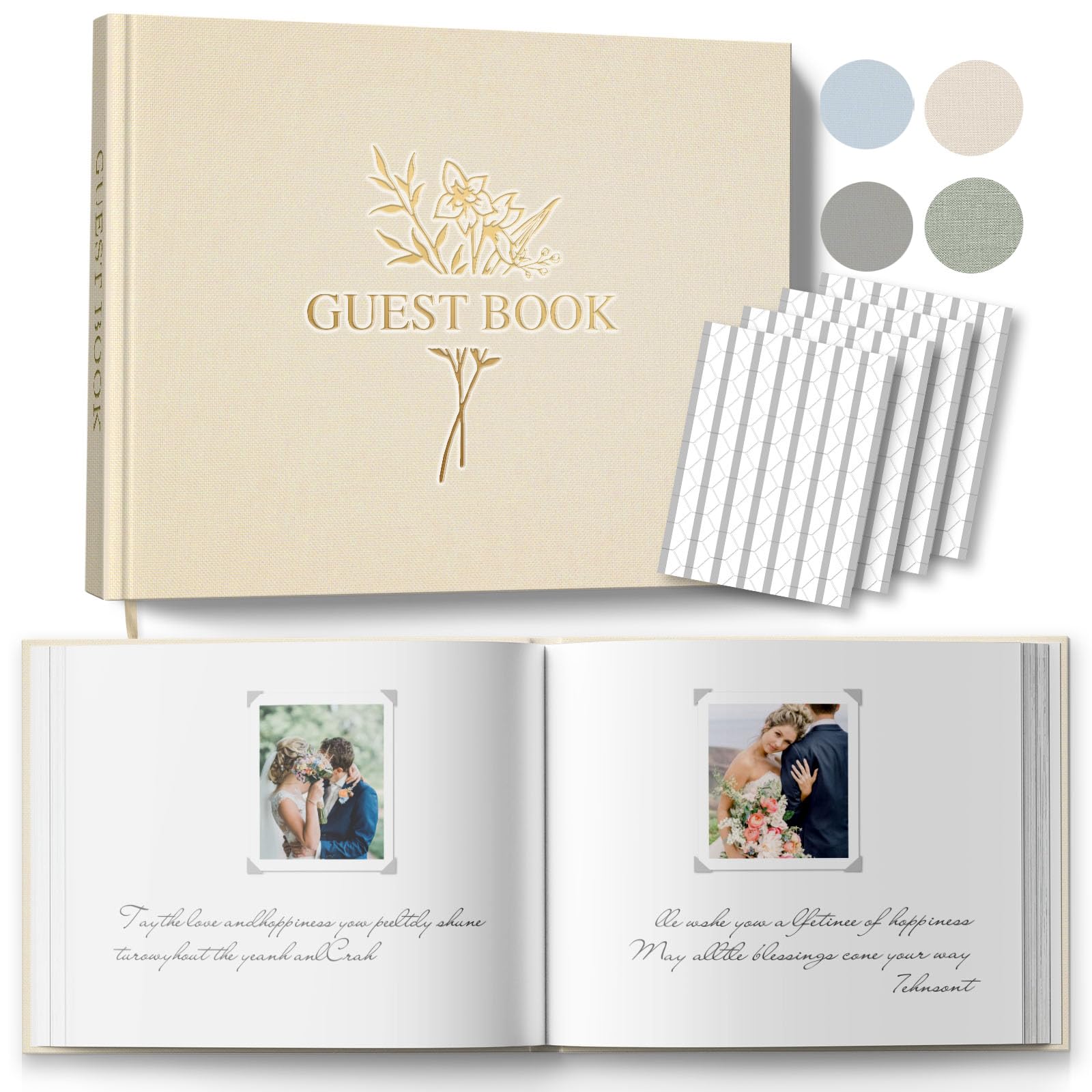 Wedding Guest Book with 216 Photo Corners Stickers, Linen Guestbook to Sign at Bridal Shower or Wedding Reception Party,100 Pages, Blank Thick Paper Books for Baby Shower Memorial Service- Beige