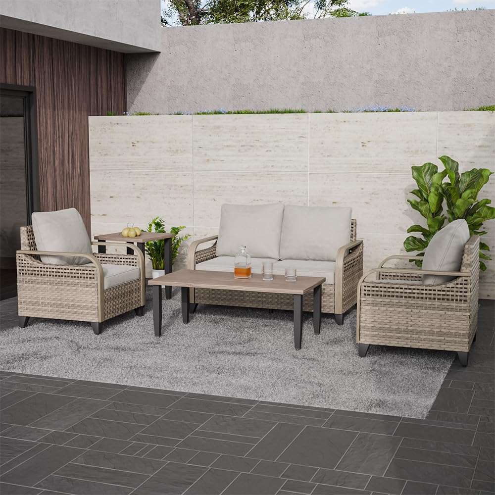 EAGLE PEAK Modern Wicker Outdoor Patio Furniture Set, Patio Conversation Set, 2 Patio Chairs, 2-Seat Loveseat, Coffee Table and Side Table, 5 Pieces, Brown/Gray