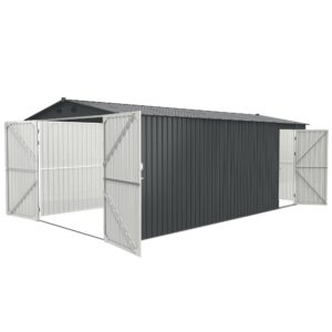 20 x 10 ft outdoor storage shed, large metal garden shed with 2 lockable doors, tool shed outdoor storage with 4 air vents, garage shed waterproof for car, truck, bike, garbage can, tool, dark gray