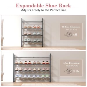 Bumusty 4-Tier Expandable Shoe Rack for Closet, 18“-33” Adjustable Shoe Rack for Small Space, Small Shoe Organizer for Front Door, Sturdy Metal, Gray