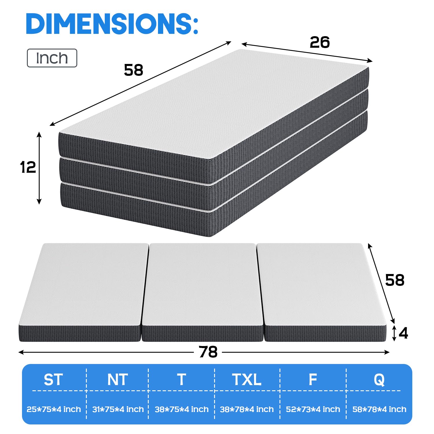 FDW 4 inch Tri-Fold Memory Foam Mattress, with Washable Cover, Portable Collapsible Mattress for Camping, Guest, Floor RV, CertiPUR-US Certified,Easy Storage,Queen