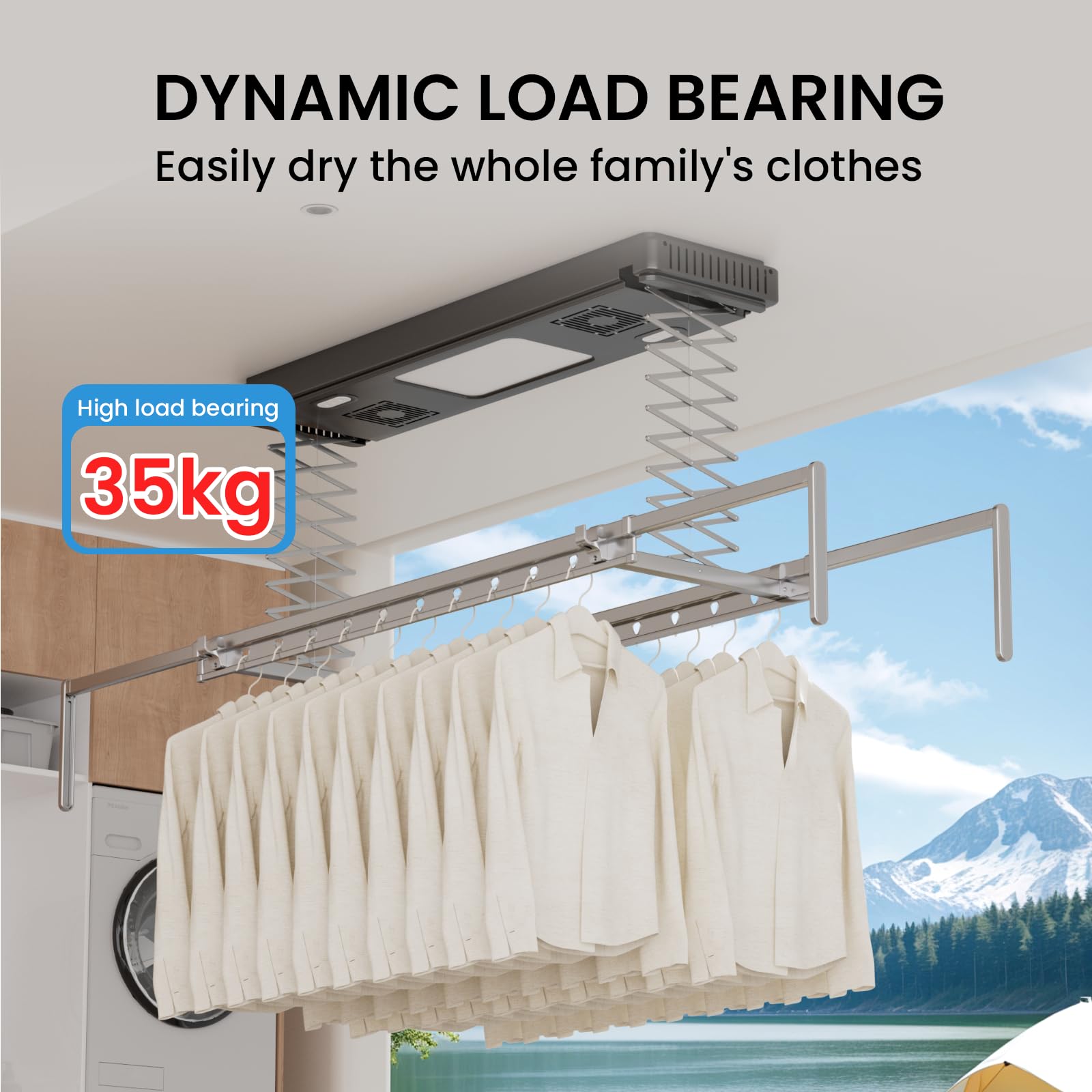 Ouayrhea Ceiling Clothes Drying Rack Electrical - Foldable Telescoping Laundry Drying Rack with Heater Fan, Remote and Led Light (Ceiling Mounted,130)