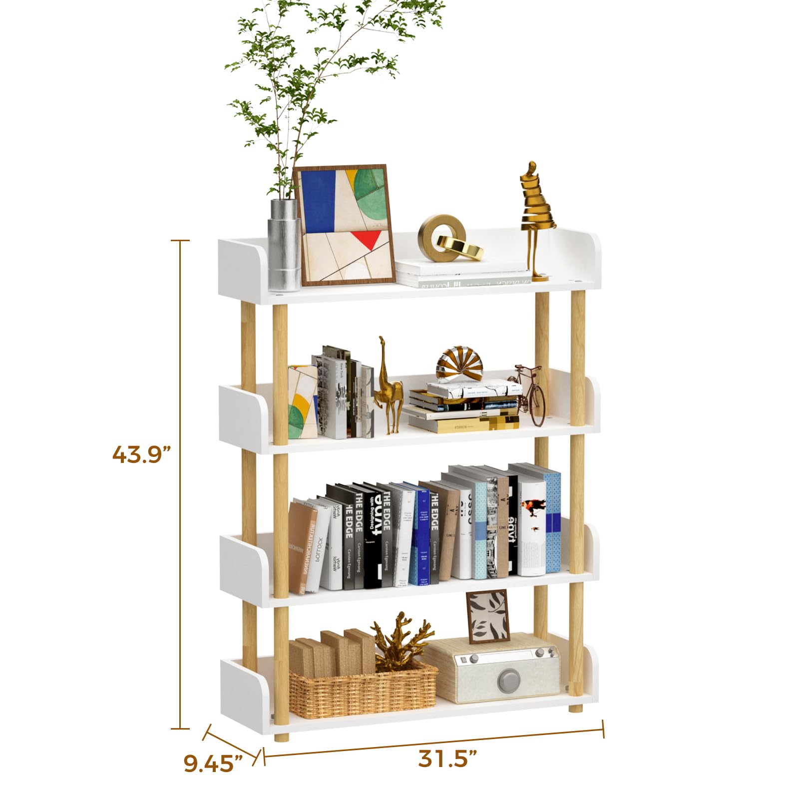 Petpvilit 4-Tier Wooden Bookshelf, Modern Open Bookcase with Top Edge and Solid Wood Frame, Freestanding Bookshelf Storage Organizer for Home Office Living Room