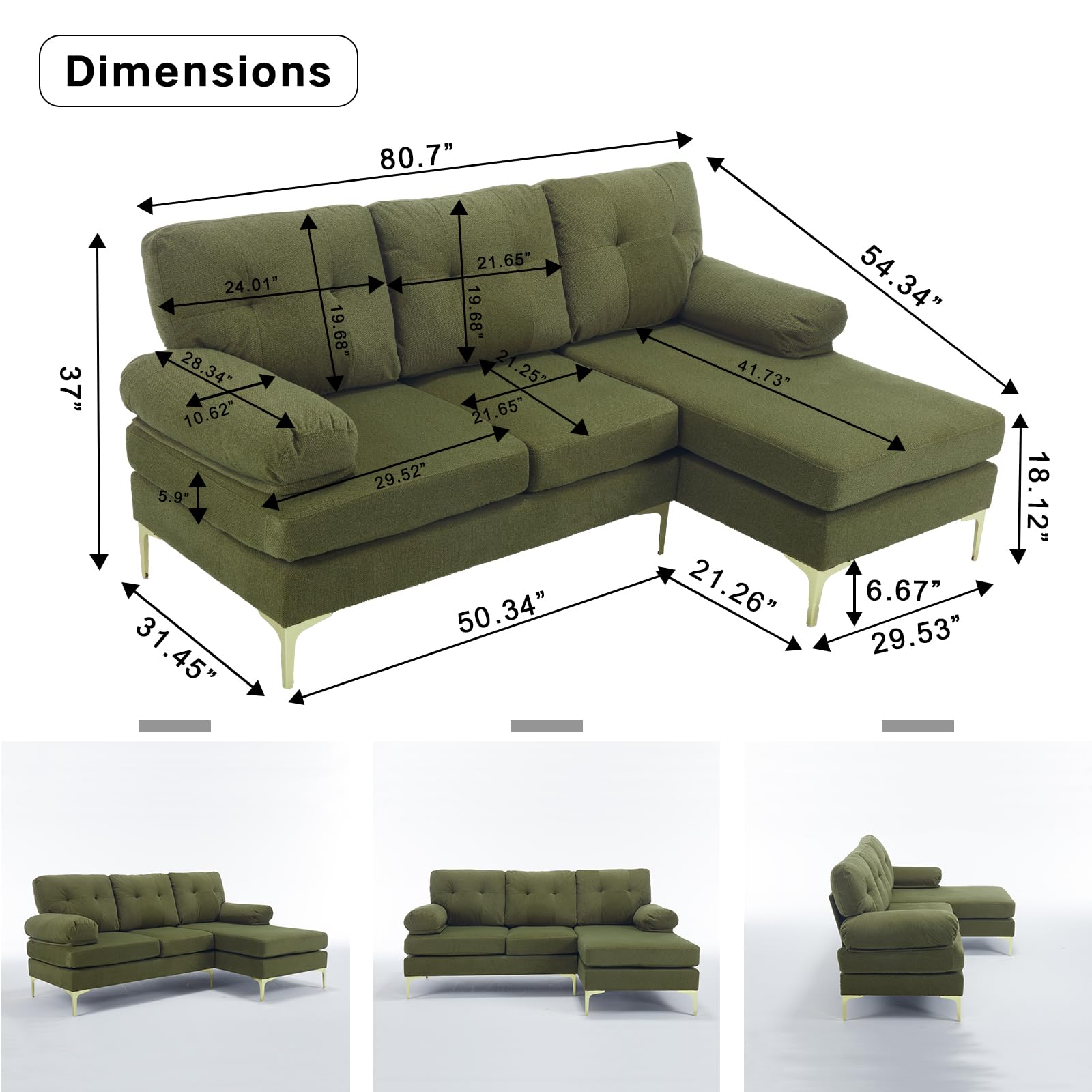 SZLIZCCC Modern Sofa Couch L-Shaped Sofas, Convertible Sleeper Sofa, Living Room Chaise Longue, Living Room Bedroom Home Office Combination Sofa(80" L Grenn)