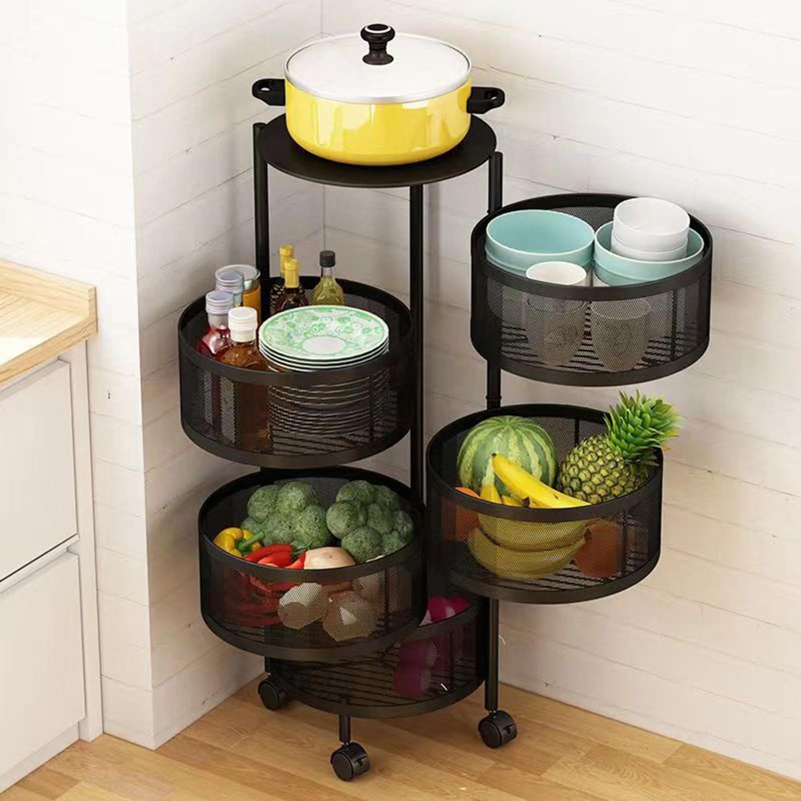 clinmday Rotating Storage Shelf with Wheels, Fruit Vegetable Basket for Kitchen Cart with top lid Bathroom Shelf, Kitchen Organization and Storage, Metal Wire Wheels (3 4 5-Tier, Black) Black Five La