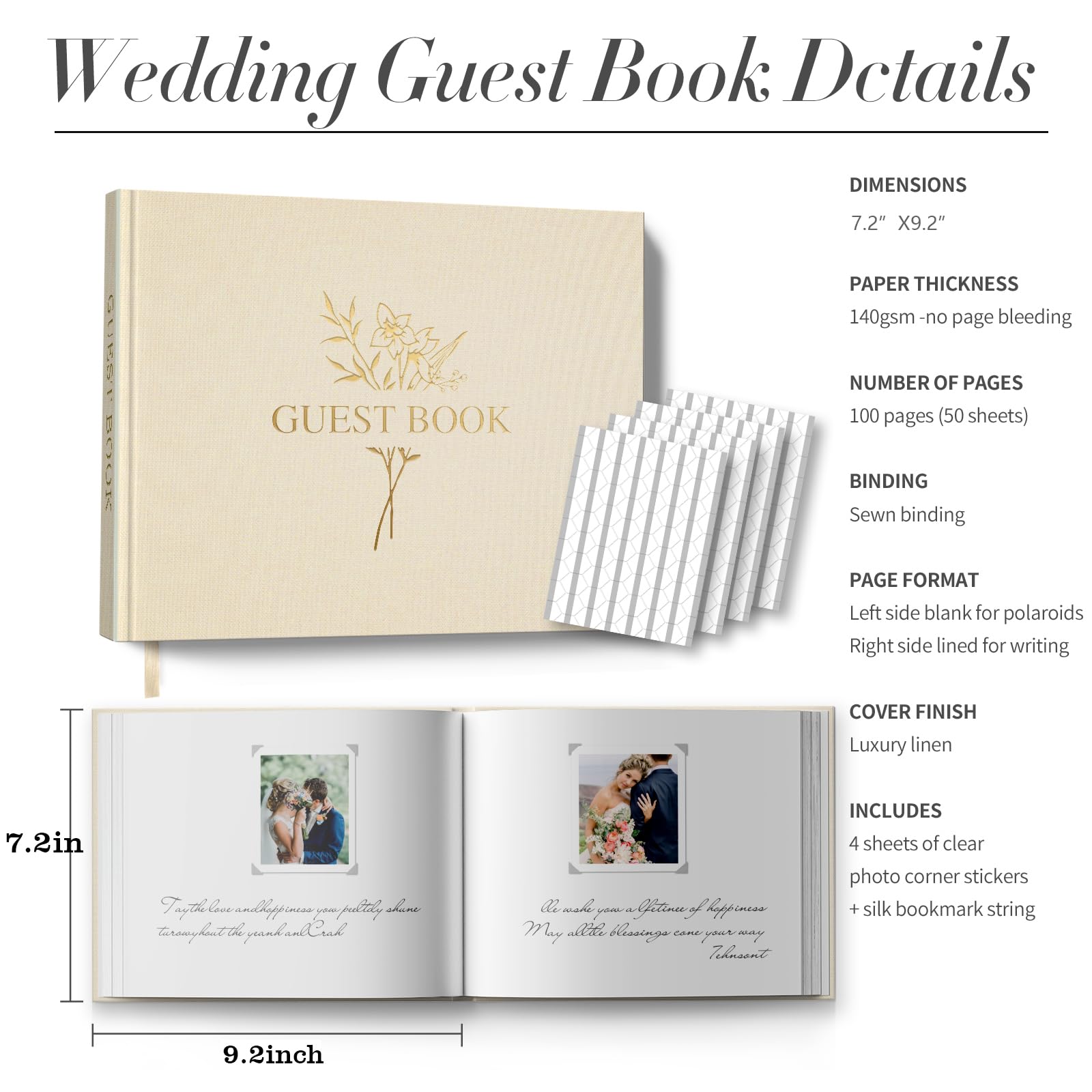 Wedding Guest Book with 216 Photo Corners Stickers, Linen Guestbook to Sign at Bridal Shower or Wedding Reception Party,100 Pages, Blank Thick Paper Books for Baby Shower Memorial Service- Beige