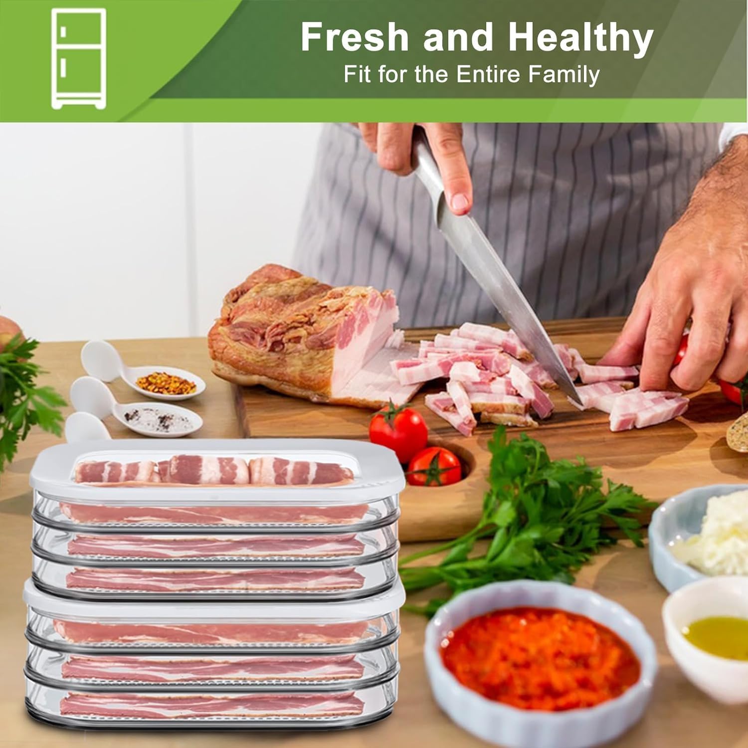 CHACHAE Deli Meat Container for Fridge,Bacon Lunch Meat Container for Refrigerator,Meal Prep Containers,Stackable Food Storage Boxes with Lid for Cold Cuts,Salami,Deli,Lunch Meat,BPA Free,18.6oz