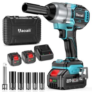 uaoaii cordless impact wrench 800nm(590ft-lbs), 1/2 battery impact gun power wrench w/ 2x 4.0ah batteries & fast charger, sockets, storage tool box & variable speeds for car tire mower, iw700