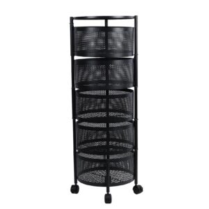 clinmday rotating storage shelf with wheels, fruit vegetable basket for kitchen cart with top lid bathroom shelf, kitchen organization and storage, metal wire wheels (3 4 5-tier, black) black five la