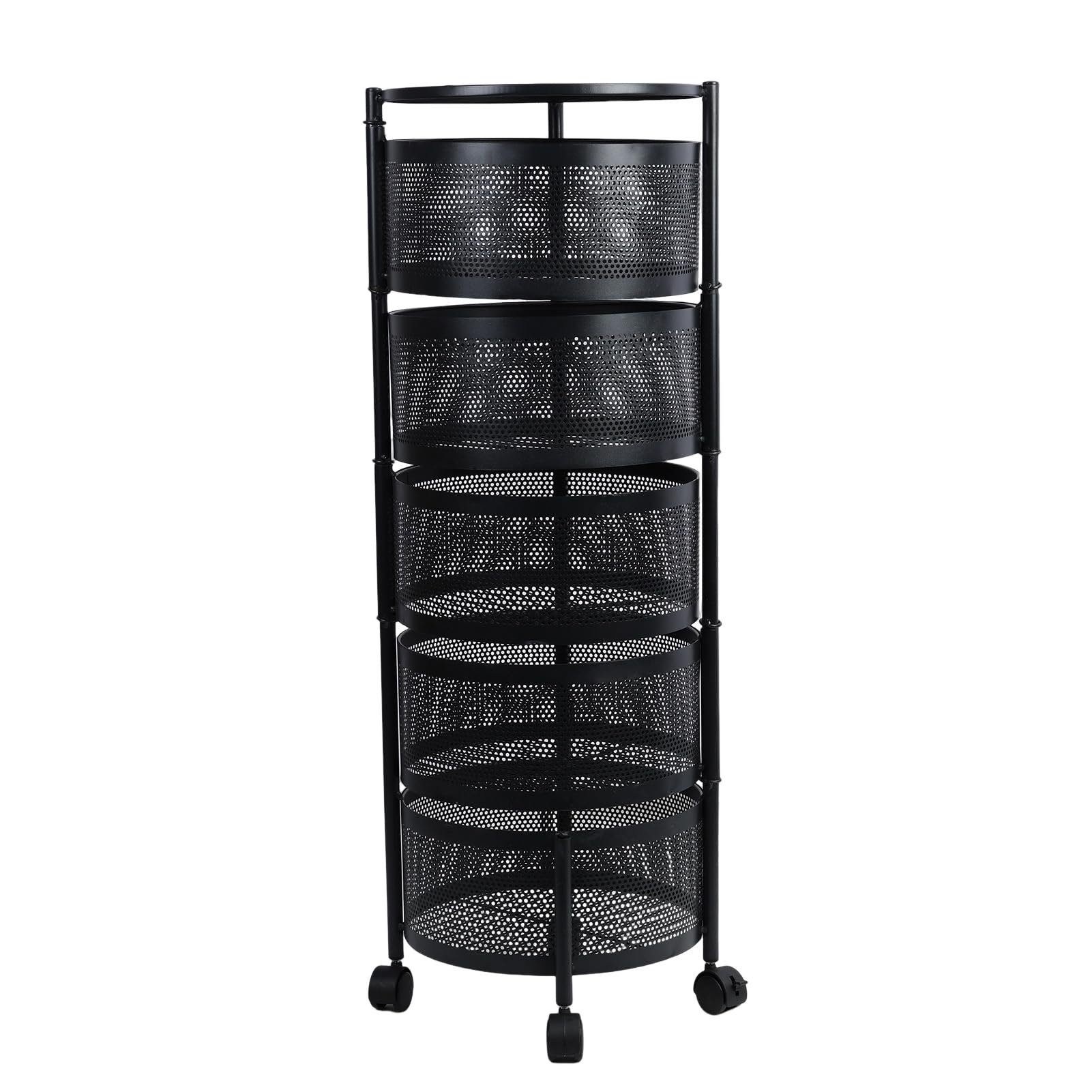 clinmday Rotating Storage Shelf with Wheels, Fruit Vegetable Basket for Kitchen Cart with top lid Bathroom Shelf, Kitchen Organization and Storage, Metal Wire Wheels (3 4 5-Tier, Black) Black Five La