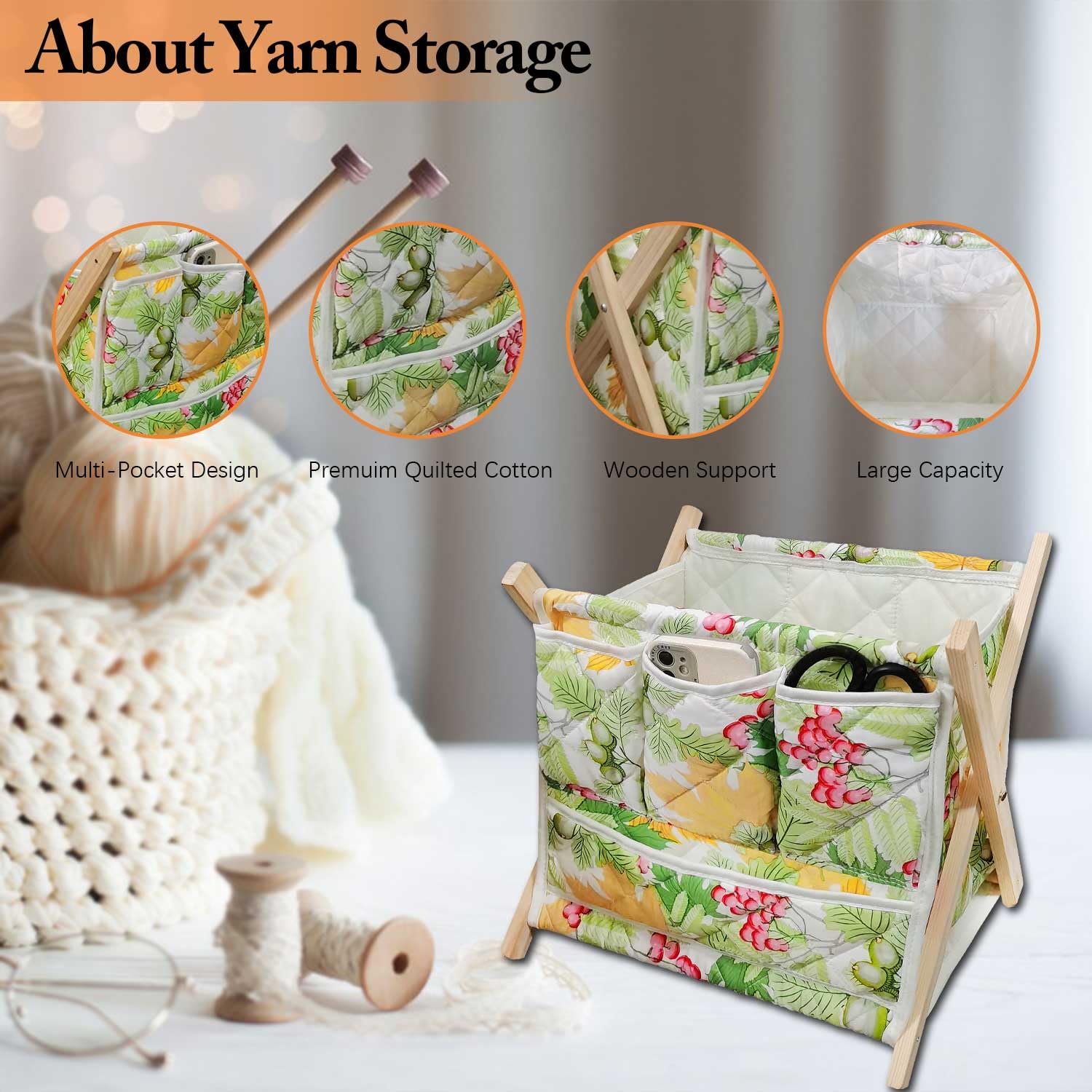 Gkesgm Yarn Storage Organizer for Yarn Skeins，Large Crochet Yarn Holder Case for Carrying Projects, Knitting Needles, Crochet Hooks and Other Accessories