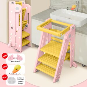 Toddler Standing Tower, Childs Kitchen Stool for Helping,Safety Rail, 2-3 Step Adjustable Ladder for Bathroom Sink & Kitchen Tower -Ages 18 Months to 4 Years (Pink)