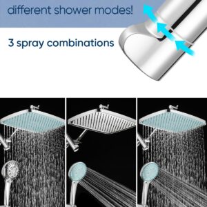 Heemli 12 Inch Rain Shower Head - High Pressure Shower Head, Dual Shower Heads with 8 Modes Handheld Spray Combo - Upgrade Extension Arm Height Adjustable, Chrome