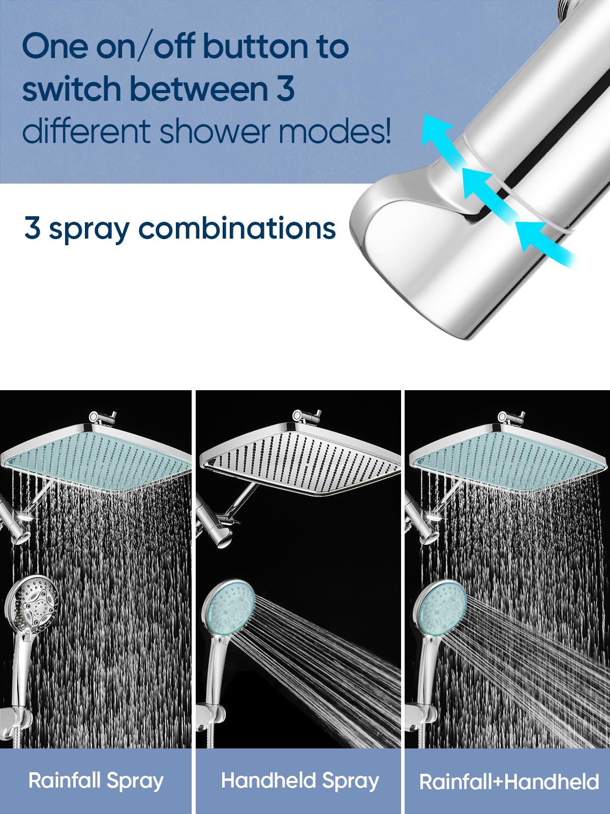 Heemli 12 Inch Rain Shower Head - High Pressure Shower Head, Dual Shower Heads with 8 Modes Handheld Spray Combo - Upgrade Extension Arm Height Adjustable, Chrome