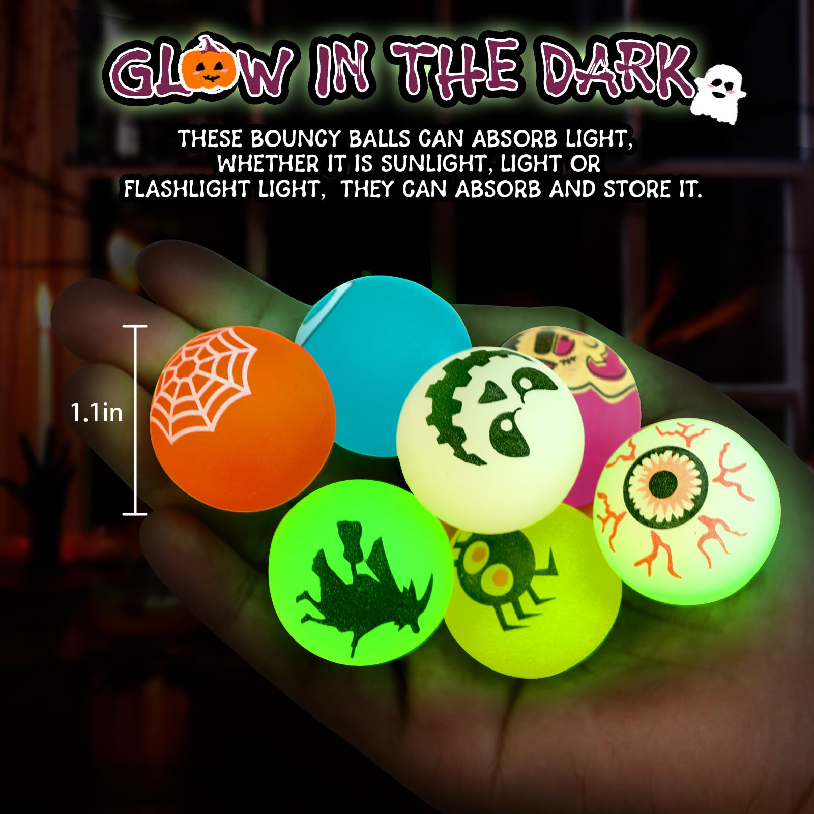 100 Piece Halloween Glow in The Dark Bouncing Balls, 10 Halloween Theme Designs for Halloween Party Favor Supplies, School Classroom Game Rewards, Trick or Treating Goodie Bags, Halloween Miniatures