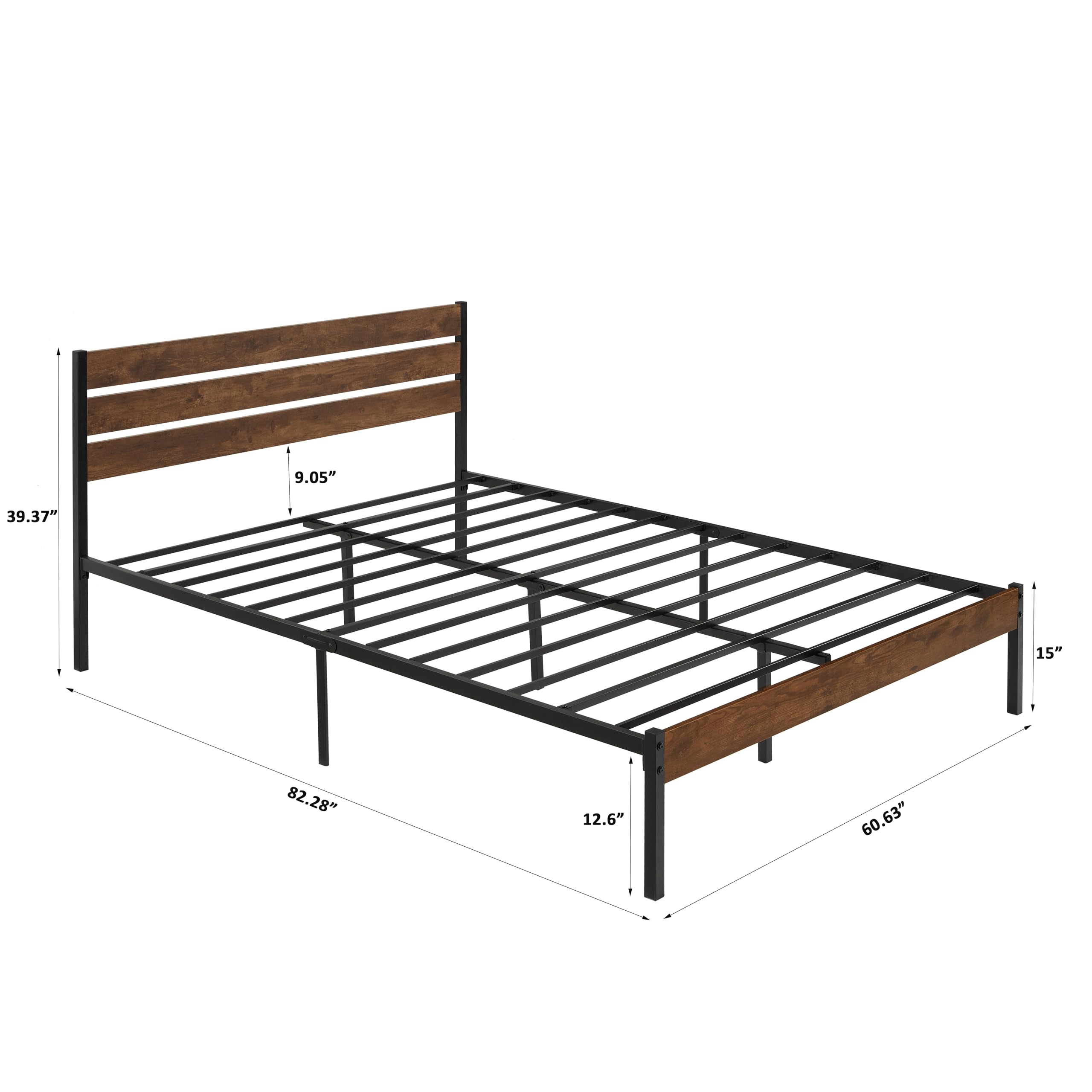 ACQCA Queen Size Bed Frame with Wooden Headboard and Footboard, Industrial Platform Bed with Heavy Duty Metal Slat Support, Under Bed Storage,Free Noise,No Box Spring Needed, Brown