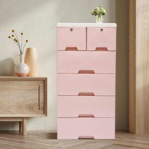 Knwigoe 5 Tier Dresser with 6 Drawers Plastic Closet Drawers Tall Chest Storage Cabinet Clothes Storage Organizer with Wheels & Locks for Bedroom Living Room (19.7x13.8x40inch) (Pink)