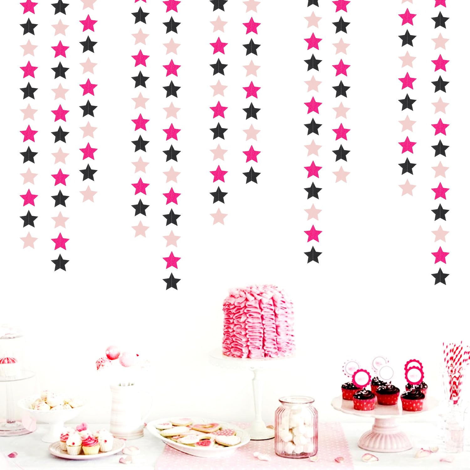 Hot-Pink Black Birthday Party-Decorations Garland - 62ft Twinkle Little Star Baby Girl Hanging Streamers Banner,Graduation Engagement Bachelorette Decor Hugtmr