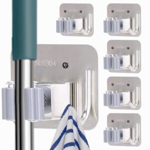 bntyok 5 pack broom holder heavy duty stainless steel broom hanger with hooks screw drilling rust resistant mop and broom holder wall mount for bathroom kitchen laundry room garage - silver