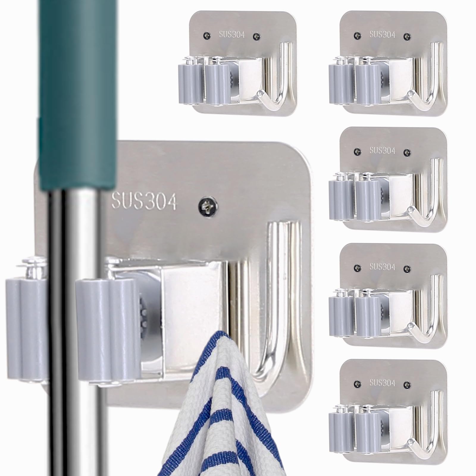 Bntyok 5 Pack Broom Holder Heavy Duty Stainless Steel Broom Hanger with Hooks Screw Drilling Rust Resistant Mop and Broom Holder Wall Mount for Bathroom Kitchen Laundry Room Garage - Silver