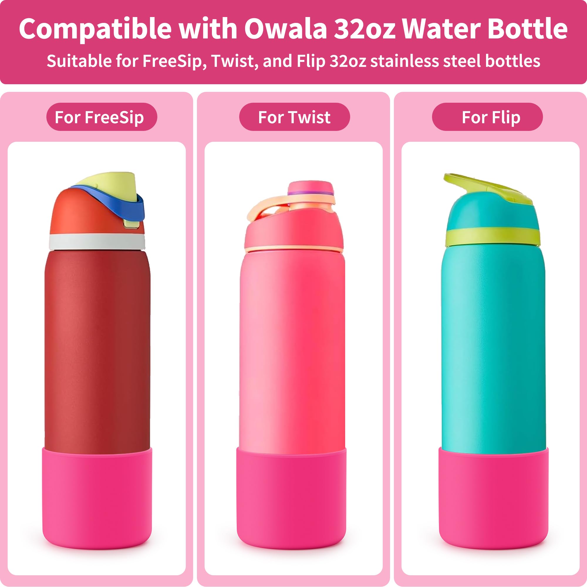 Diumepo Silicone Water Bottle Boot for Owala 32oz, Anti-Slip Protective Sleeve for Owala Twist & FreeSip & Flip Stainless Steel Water Bottle, Boot Bottom Base for Owala (Rose Red)