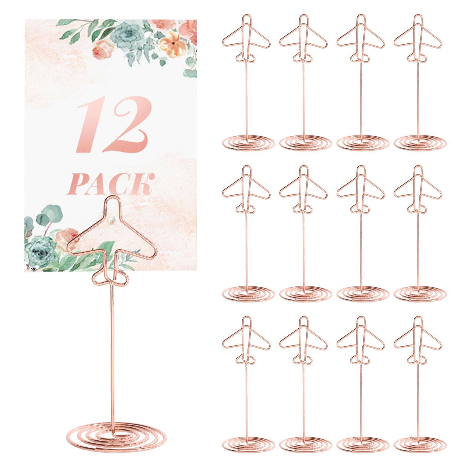 CHGCRAFT 12PCS Table Number Holders Airplane Shape Place Card Holders Metal Name Card Holders Table Number Stands Table Photo Picture Holders for Party Weddings Resturants, Rose Gold