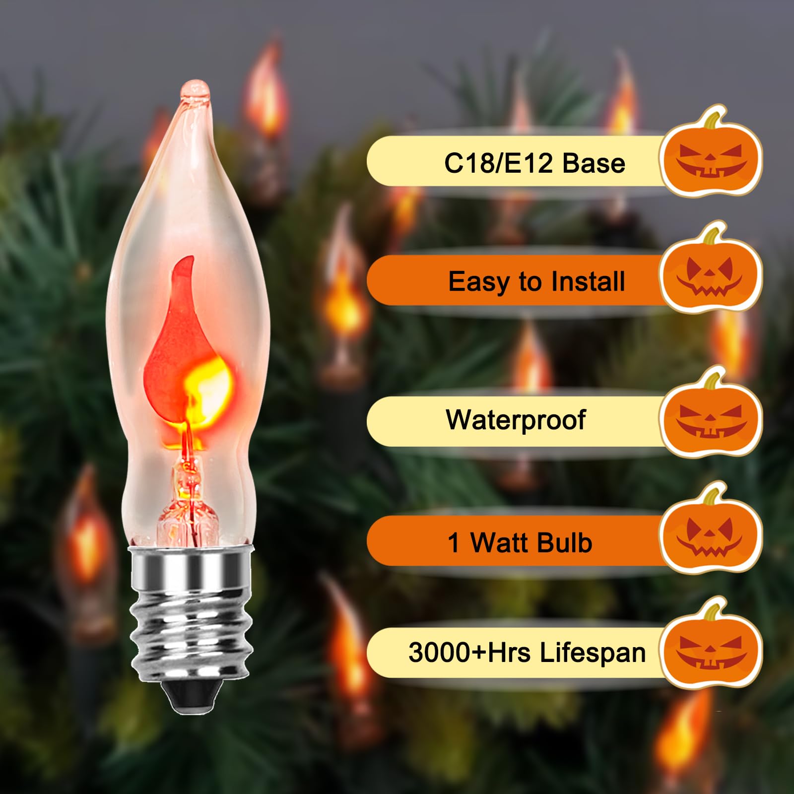 12 Pack Halloween Flicker Flame Light Bulb -1 Watt, 120 Volt, E12 Candelabra Base, C18 Flame Shaped Candle Bulbs Dances with a Flickering Orange Glow for Halloween Christmas Outdoor String Lights