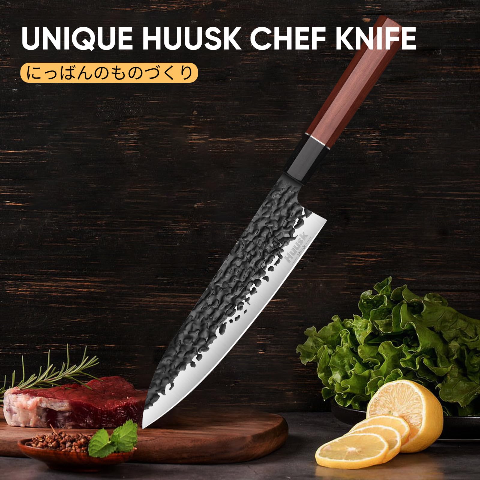 Huusk Japanese Gyuto Chef Knife - 8" Hand Forged Knives, 3 Layers 9CR18MOV High Carbon Kitchen Knife, Professional Sharp Cooking Knife with Ergonomic Handle for Meat, Vegetables, Fish