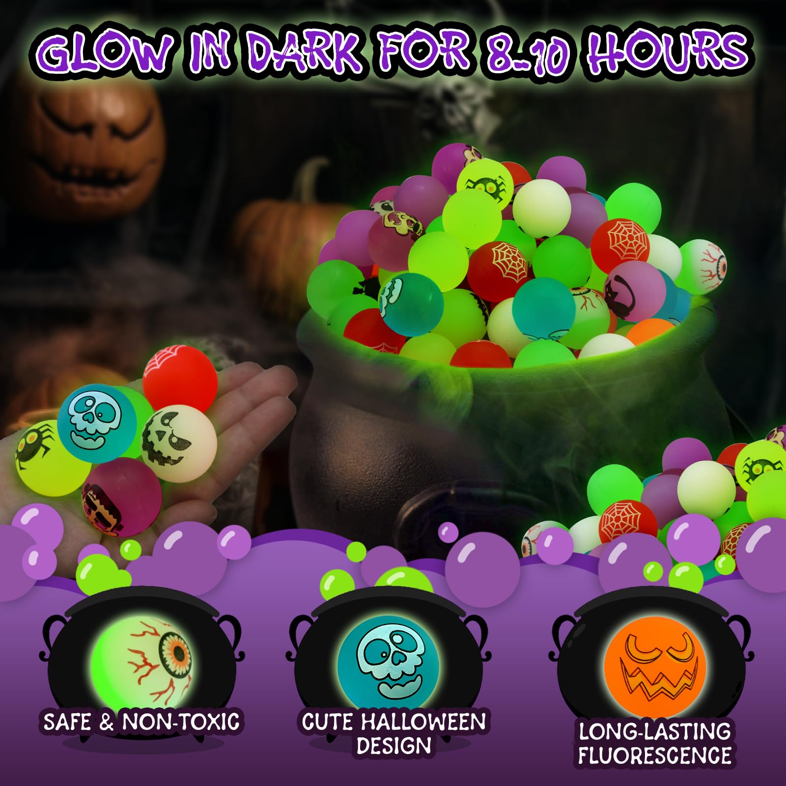 100 Piece Halloween Glow in The Dark Bouncing Balls, 10 Halloween Theme Designs for Halloween Party Favor Supplies, School Classroom Game Rewards, Trick or Treating Goodie Bags, Halloween Miniatures