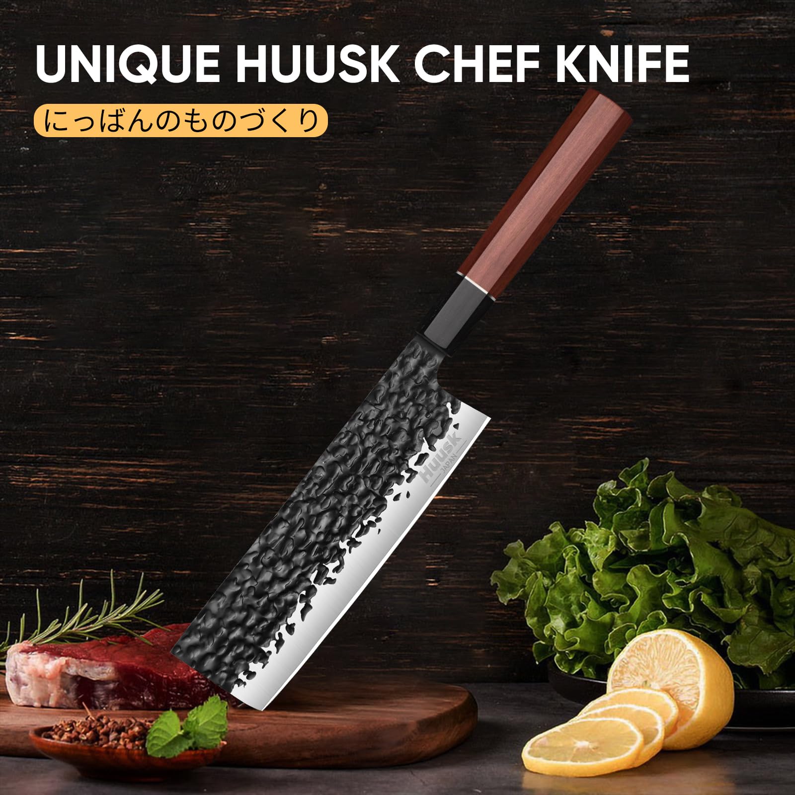 Huusk 7" Nakiri Chef Knife - Japanese Hand Forged Chopping Knives, 3 Layers 9CR18MOV High Carbon Kitchen Knife, Professional Sharp Cooking Knife with Ergonomic Handle for Meat, Vegetables, Fish