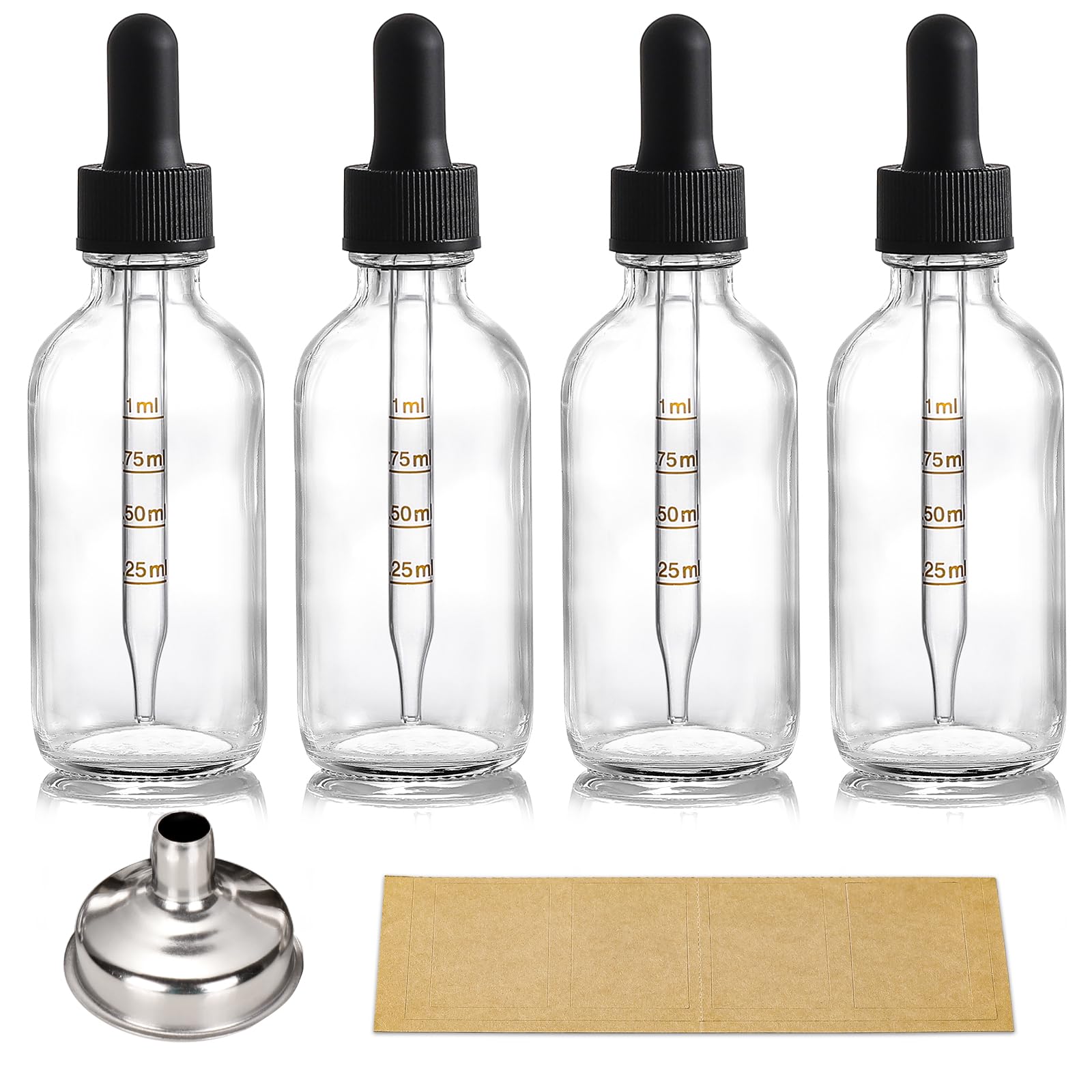 4 Pack 2 oz Glass Dropper Bottles with Measured Dropper - 60ml Dark Clear Tincture Bottles with Graduated Calibrated Glass Eye Droppers (1ml) for Essential Oils, Liquids - Leakproof Travel Bottles