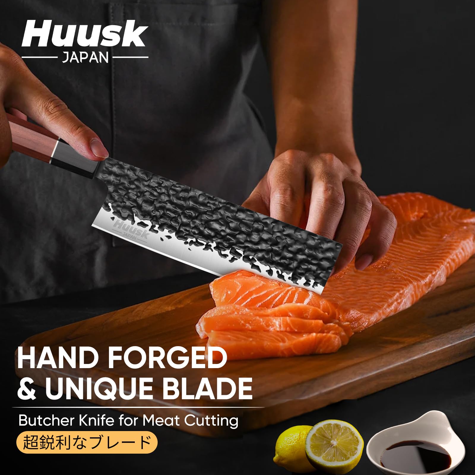 Huusk 7" Nakiri Chef Knife - Japanese Hand Forged Chopping Knives, 3 Layers 9CR18MOV High Carbon Kitchen Knife, Professional Sharp Cooking Knife with Ergonomic Handle for Meat, Vegetables, Fish