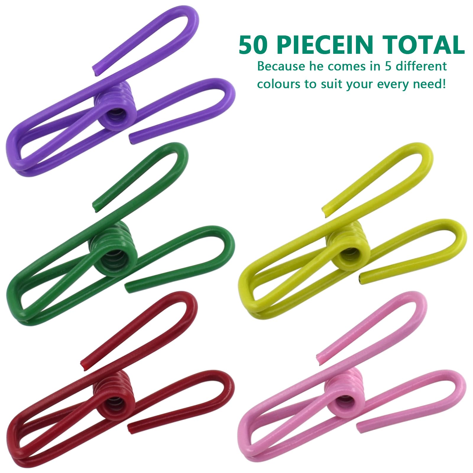 50 Packs Steel Wire Clips Vinyl Plastic Coated Multi-Function Colored Utility Clothesline Clip for Laundry Hanging, Kitchen Bag Sealing, Multi-Purpose Clothespins