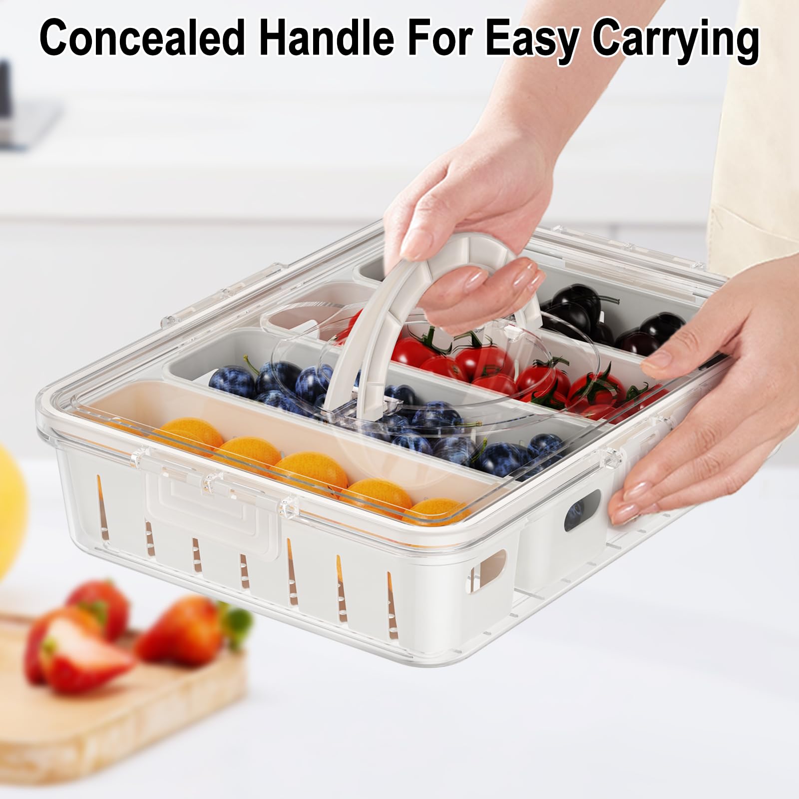 Anyvape Portable Food Storage Container with Lid & Handle,4-Compartment Leak-Proof Tray with Removable Colanders,Fresh-Keeping Organizer for Fruits,Snacks,Meal Prep,Ideal for Refrigerator,Outdoor Use