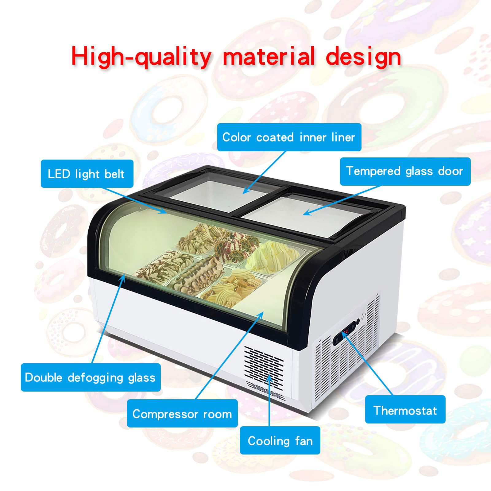 Koalalko Commercial Countertop Ice Cream Freezer Display (Small-6 Pans),Gelato Dipping Cabinet Freezer,Ice Cream Display Freezer with Led Light,Clear Top and Front Window,Fast Cooling,White