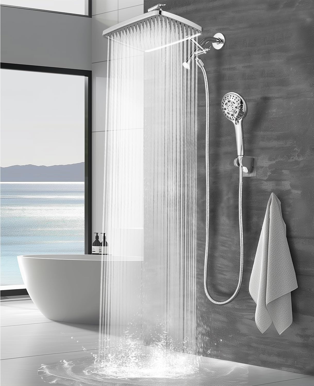 Heemli 12 Inch Rain Shower Head - High Pressure Shower Head, Dual Shower Heads with 8 Modes Handheld Spray Combo - Upgrade Extension Arm Height Adjustable, Chrome