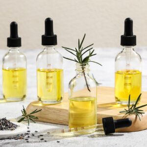 4 Pack 2 oz Glass Dropper Bottles with Measured Dropper - 60ml Dark Clear Tincture Bottles with Graduated Calibrated Glass Eye Droppers (1ml) for Essential Oils, Liquids - Leakproof Travel Bottles