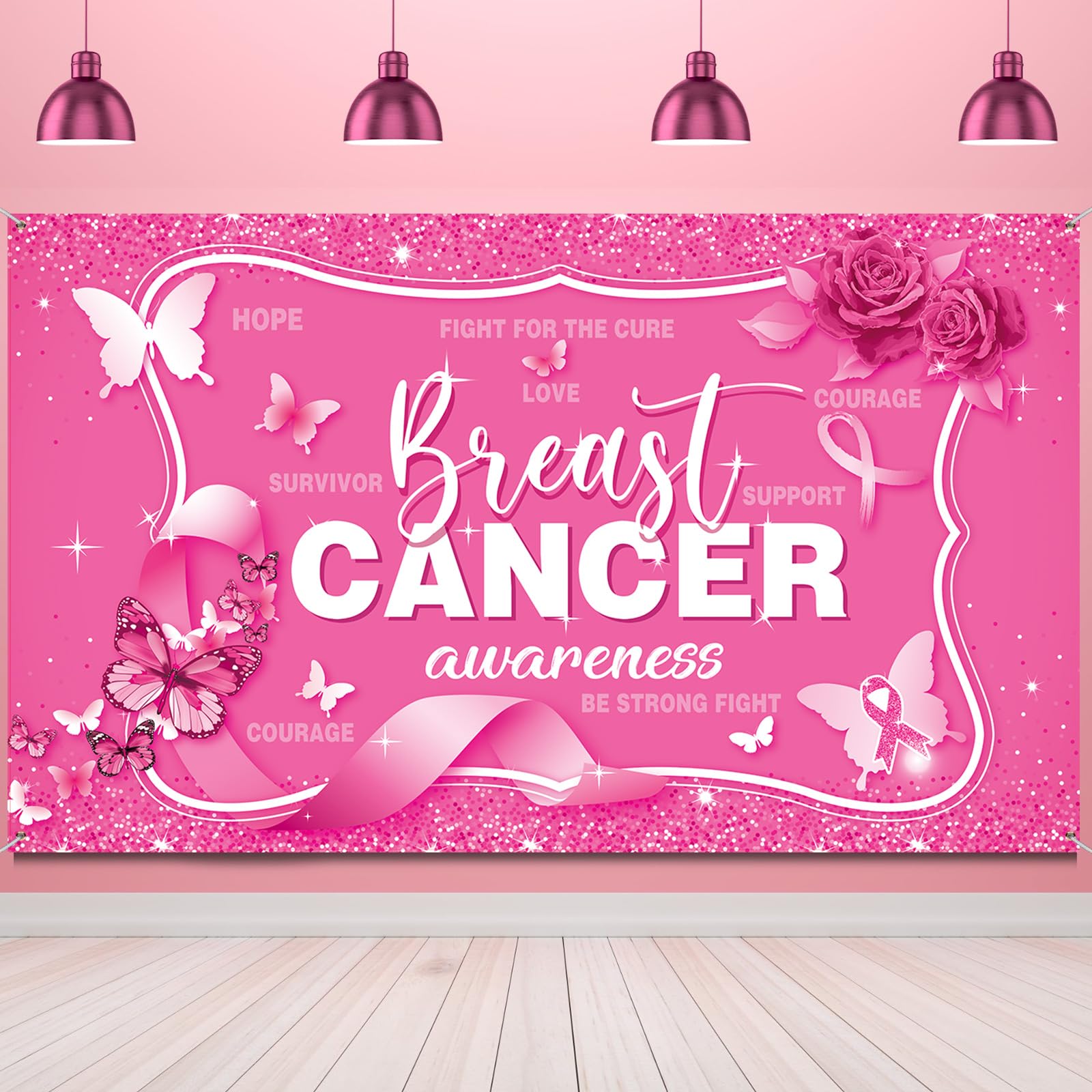 Tiamon Breast Cancer Awareness Backdrop Decorations Banner, Pink Ribbon Hope Party Survivor Party for Photography Background Pink Ribbon Walk Charity Party Supplies, 43.31 x 72.83 Inch (Pink, White)