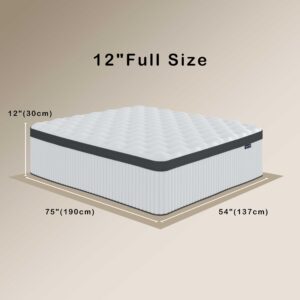 Tegeniss Full Mattress, 12 Inch Innerspring Hybrid Mattress in a Box with Gel Memory Foam, Individually Wrapped Encased Coil Pocket Spring Mattress, Pressure Relief, Medium Firm Support,54"*75"*12"