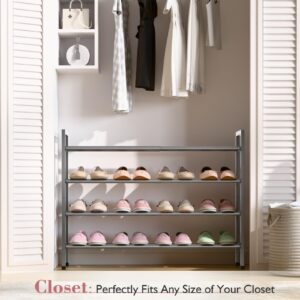 Bumusty 4-Tier Expandable Shoe Rack for Closet, 18“-33” Adjustable Shoe Rack for Small Space, Small Shoe Organizer for Front Door, Sturdy Metal, Gray