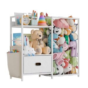 metal stuffed animal storage toy organizer - kids toy storage organizer with toy box, stuffed animal zoo storage with bins, toy shelf organizer storage for kids room playroom nursery bedroom (white)