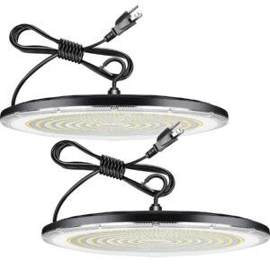 gopretty 500w led high bay lights 2 pack, 55000lm super bright with plug, ufo commercial industrial warehouse workshop factory barn garage area lighting fixture