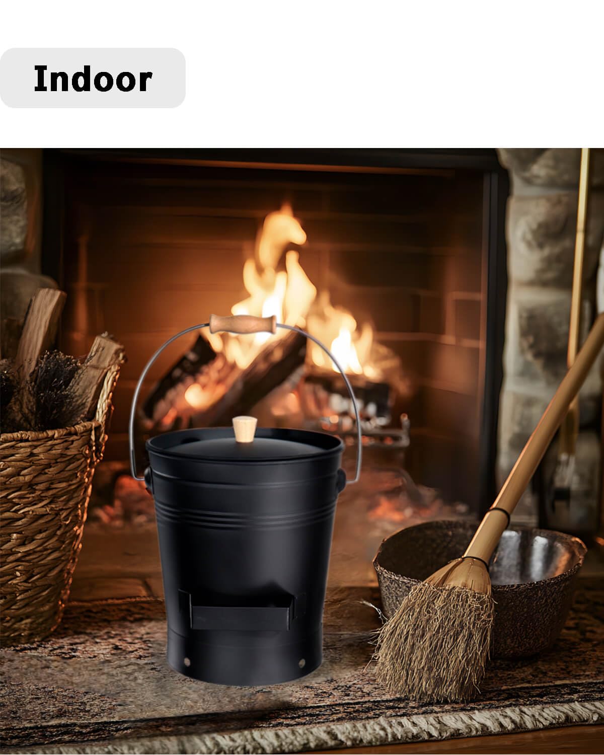 vensovo 2.5 Gallon Ash Bucket with Lid - Shovel, Broom, and Gloves, Heavy Duty Galvanized Iron, Fire-Resistant, Black Finish Perfect for Fireplaces, Fire Pits, Wood-Burning Stoves, and Grills