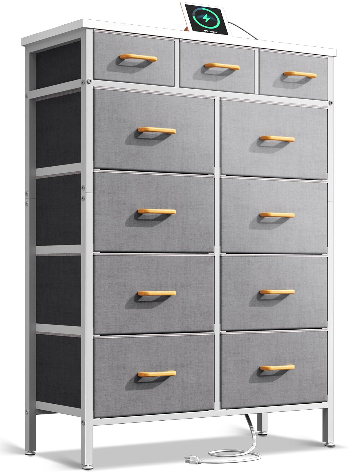 Casaottima Dresser with Charging Station, 52-Inch Tall Dresser for Bedroom, Large Dresser with 11 Storage Drawers, Fabric Chest of Drawers for Living Room, Light Grey