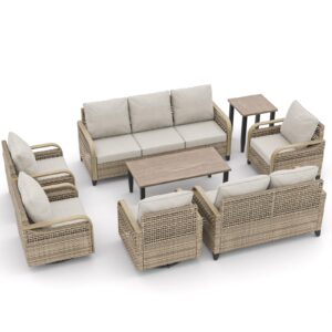 EAGLE PEAK Modern Wicker Outdoor Patio Furniture Set, Patio Conversation Set, 2 Patio Chairs, 2 Swivel Rocker Chairs, 3-Seat Sofa, Loveseat, Coffee Table and Side Table, 8 Pieces, Brown/Gray