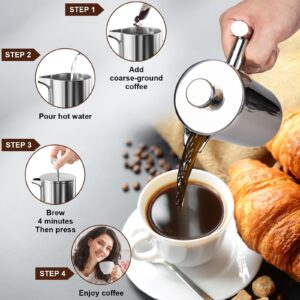 Jewheg Small French Press Coffee Maker, 12OZ/350ML Stainless Steel Insulated Coffee Press ，Double Wall Insulated French Press，Easy Press Strong Quality Metal Coffee Press.