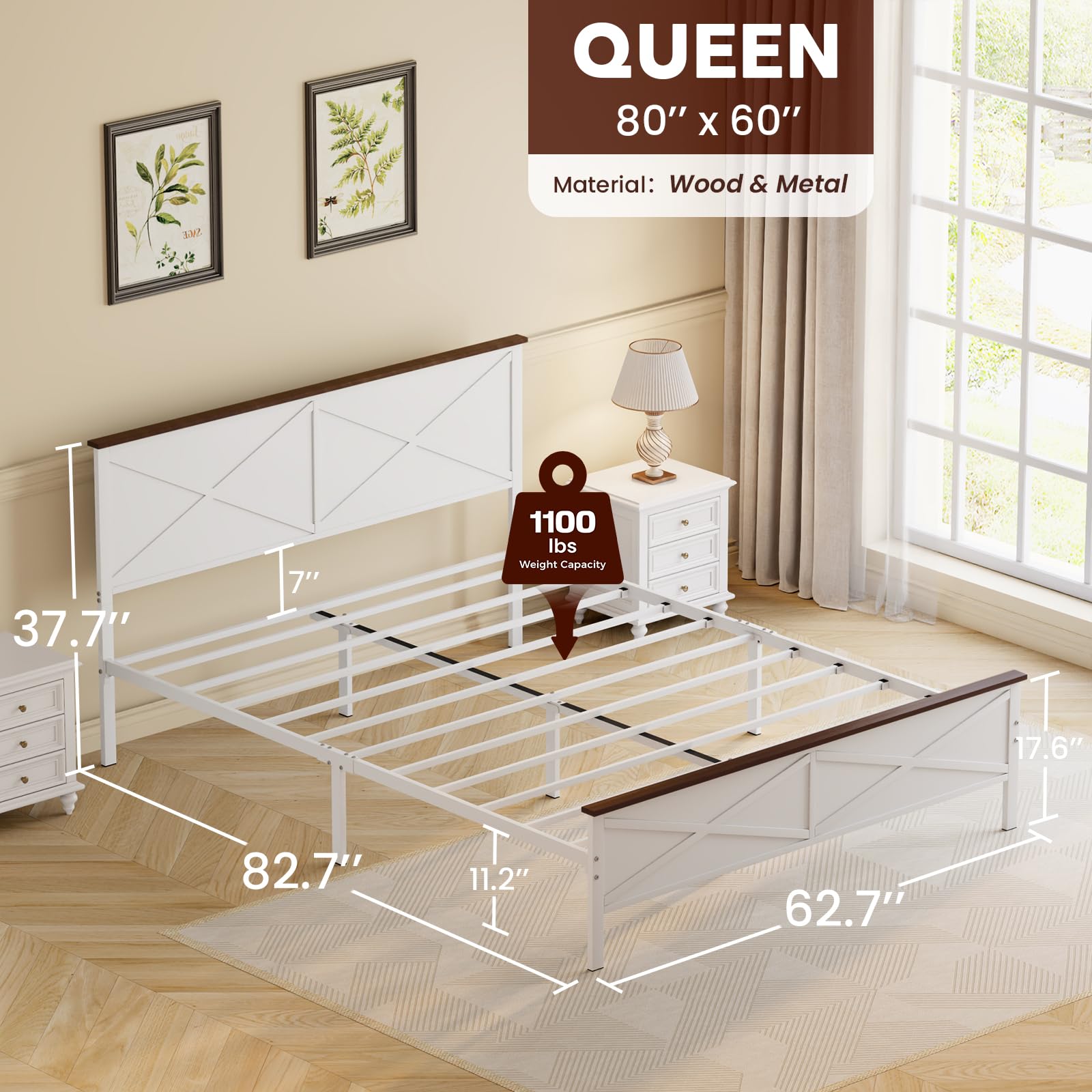 VOPEAK Farmhouse Queen Bed Frame with Headboard and Footboard, Bed Frame Queen Size Metal Platform with Under Bed Storage, Noise Free, No Box Spring Needed, Easy to Install, Sturdy & Stable, White