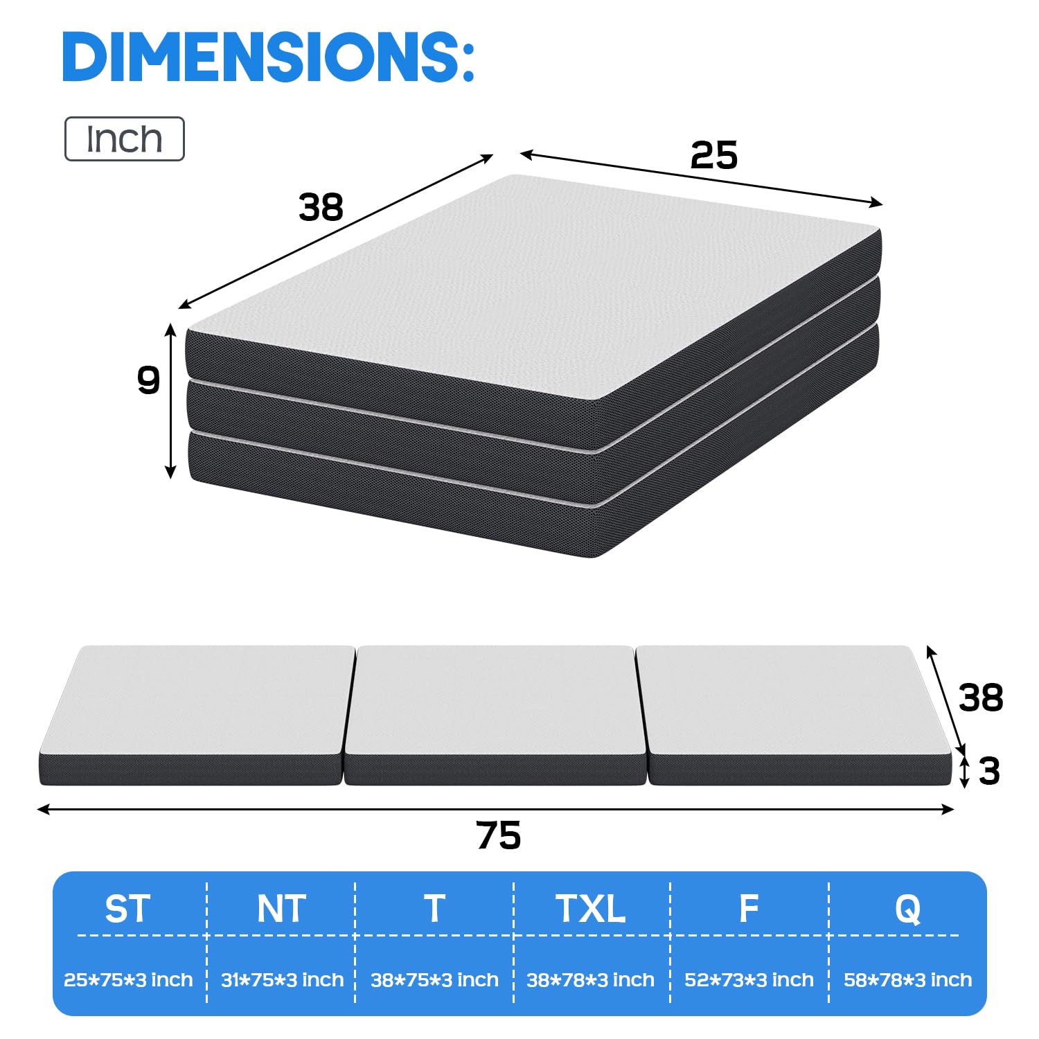 FDW 3 inch Tri Folding Memory Foam Mattress/Foldable Mattress for Kids and Adults/Medium-Firm Mattress with a Collapsible and Washable Cover/Suitable for RV Travel Camping Guest,Twin