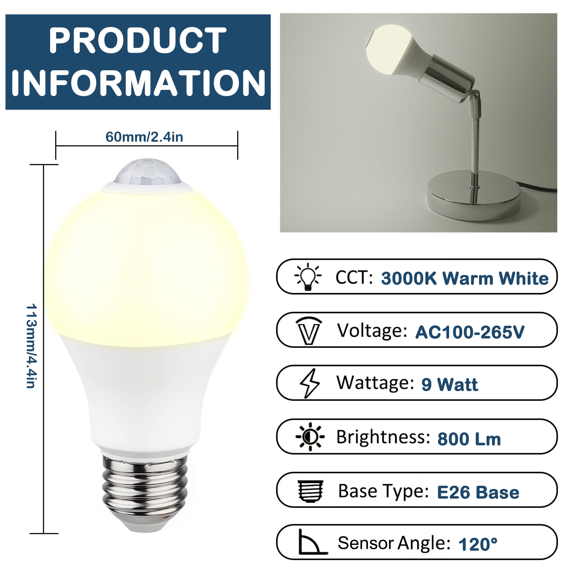 Motion Sensor Light Bulbs - 9W (60W Equivalent) E26 Motion Activated LED Light Bulb 3000K Warm White Dusk to Dawn Security Bulb Auto On Off Indoor Outdoor for Front Door Porch Basement Closet(2 Pack)